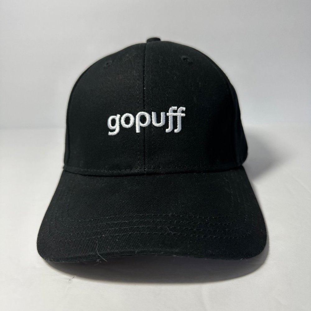 Gopuff  Delivery Black Adjustable Strap Back Trucker Hat Baseball Cap NWOT